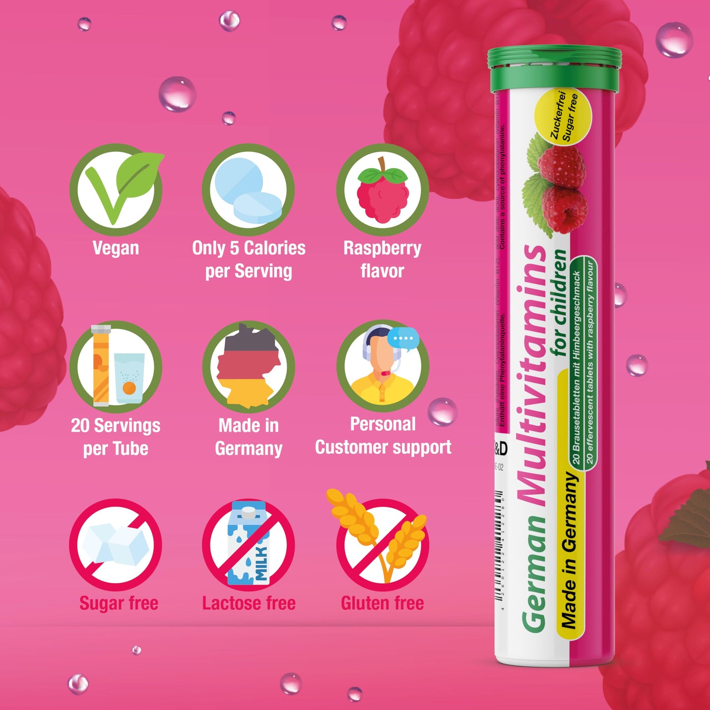 T&D German Multivitamin for Children 60 Drink Effervescent Tablets - Sweet Raspberry Flavour, Sugar Free, Vegan - Vitamin C, E, B1, B2, B6, B12 T&DUS supplements
