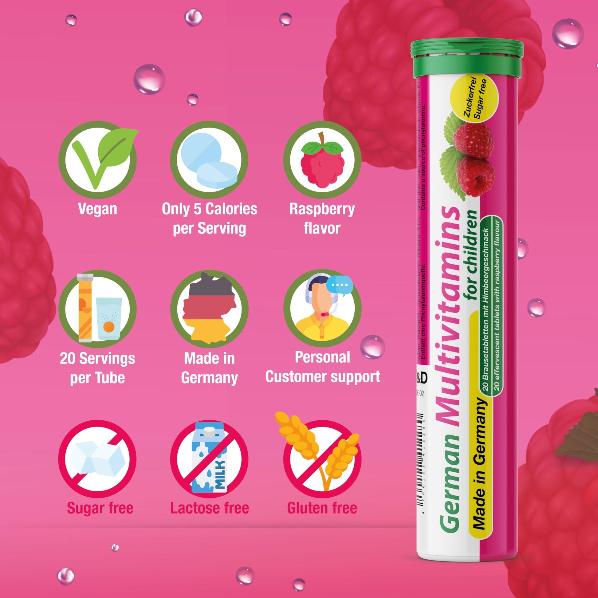 T&D German Multivitamin for Children 60 Drink Effervescent Tablets - Sweet Raspberry Flavour, Sugar Free, Vegan - Vitamin C, E, B1, B2, B6, B12 T&DUS supplements