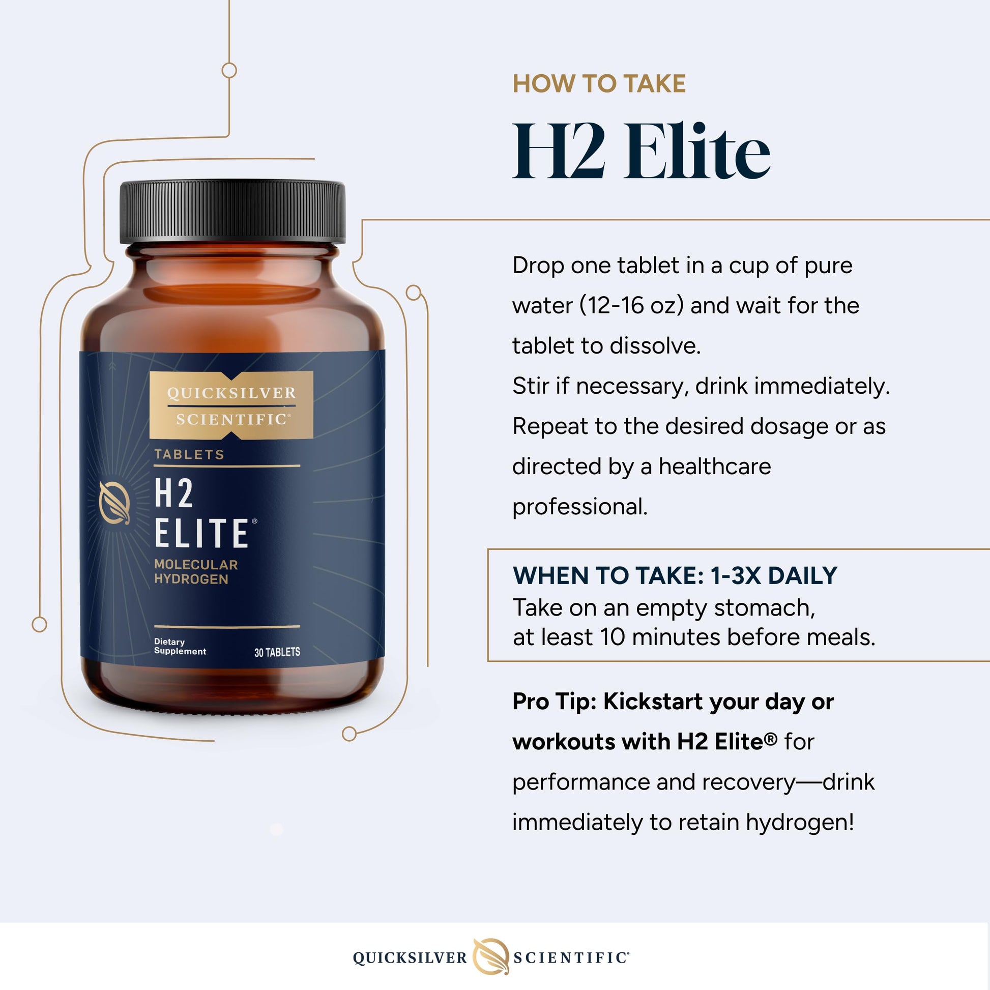 Quicksilver Scientific H2 Elite - Molecular Hydrogen for Energy + Metabolism Support, Water Tablets Perfect for Open Containers - Magnesium Malate Drink Additive (30 Molecular Hydrogen Tablets) Quicksilver ScientificUS supplements