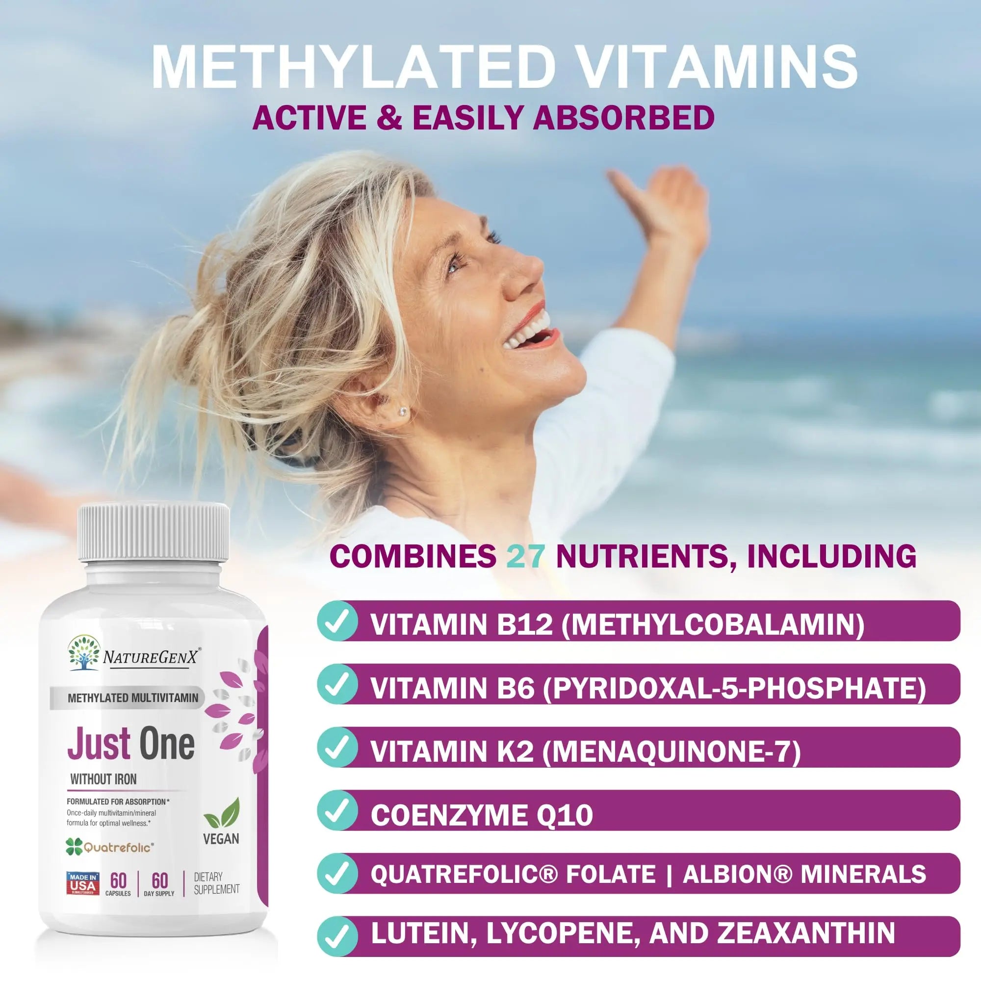 NatureGenX Just One Daily Methylated Multivitamin - 60 Caps Pure Methyl B12, Methylfolate MTHFR Support Supplement Iron Free Methylated Vitamins NatureGenXAu supplements
