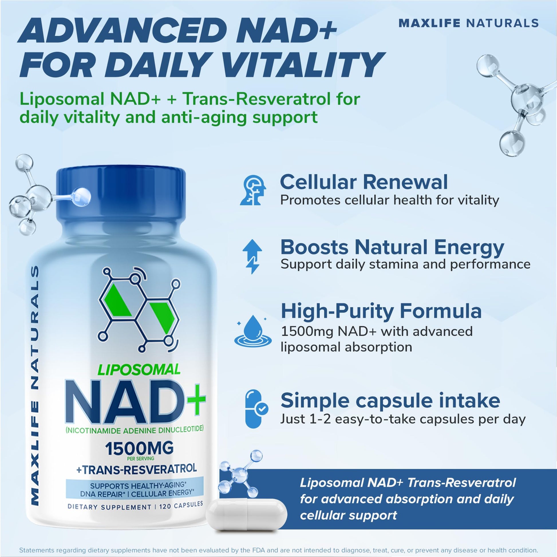 Liposomal NAD+ Trans-Resveratrol Supplement 1500mg - 120 Capsules - Liposomal NAD Supplements for Women and Men, High Purity-NAD Cell Regenerator, Cognitive & Anti Aging Supplement for Women & Men MAXLIFE NATURALSAu supplements