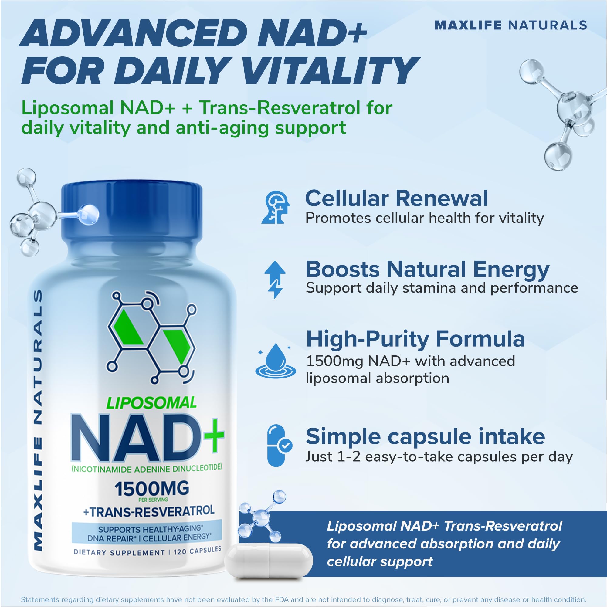 Liposomal NAD+ Trans-Resveratrol Supplement 1500mg - 120 Capsules - Liposomal NAD Supplements for Women and Men, High Purity-NAD Cell Regenerator, Cognitive & Anti Aging Supplement for Women & Men MAXLIFE NATURALSAu supplements