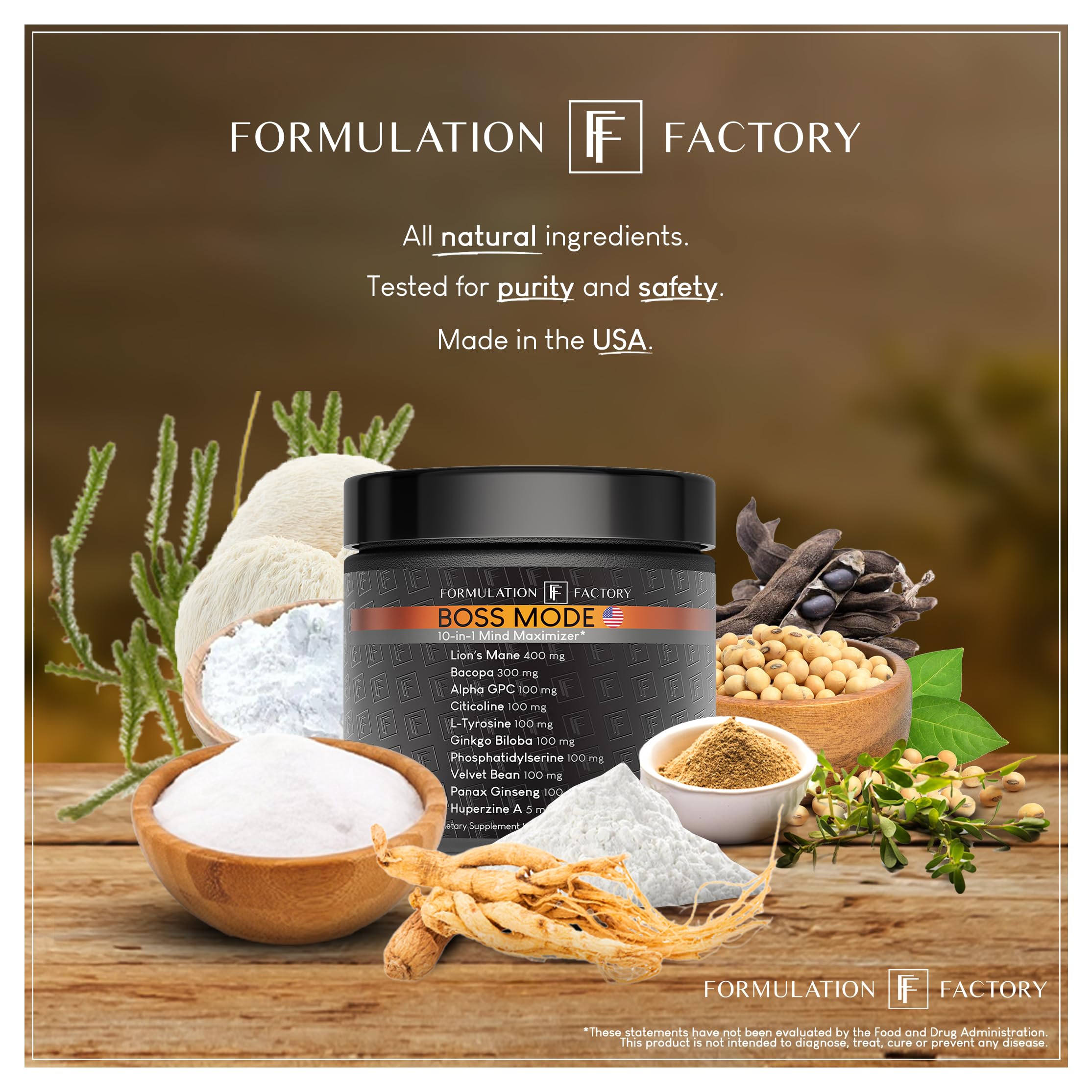 Formulation Factory Nootropic Brain Supplement - Boss Mode Focus & Memory Complex with Lion's Mane, Alpha GPC & Bacopa - Cognitive Support - 120 Capsules, 2 Month Supply Formulation FactoryAu supplements