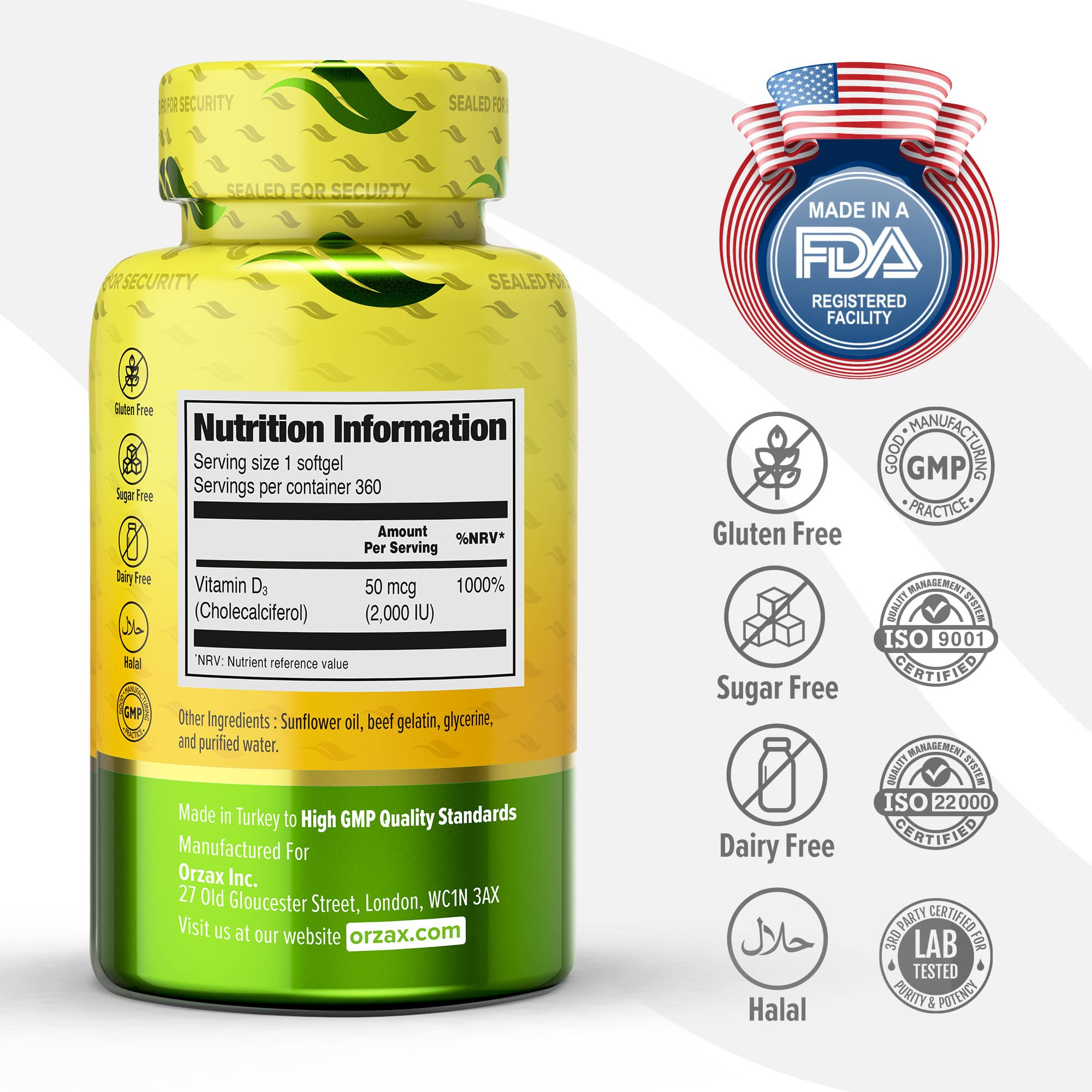 ORZAX Vitamin D3 2000 iu (50 mcg) - 1 Year Supply for Strong Muscle Function ORZAXUS supplements