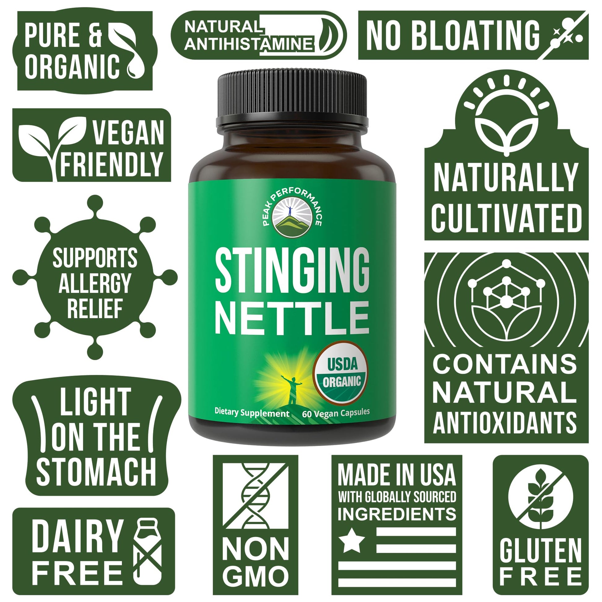 USDA Organic Stinging Nettle Vegan Capsules Made with Stinging Nettle Leaf Powder for Prostate, Hair Growth, Allergy. Better Than Root or Seed Extract. Plant Based Herb Supplement Tablets, 60 Pills Peak PerformanceAu supplements