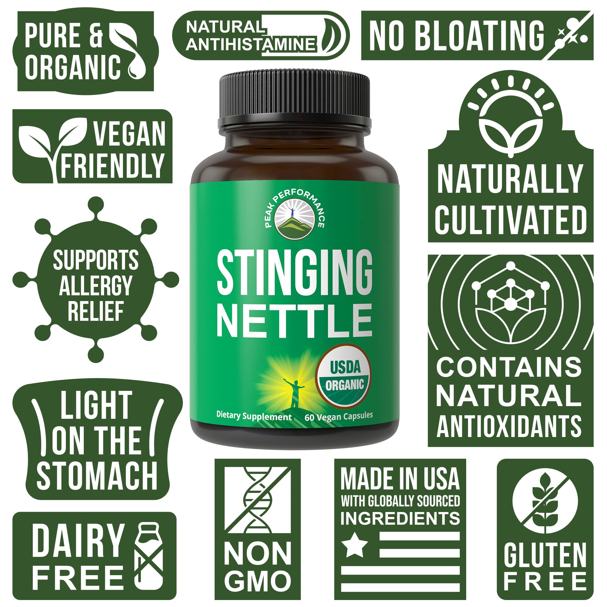 USDA Organic Stinging Nettle Vegan Capsules Made with Stinging Nettle Leaf Powder for Prostate, Hair Growth, Allergy. Better Than Root or Seed Extract. Plant Based Herb Supplement Tablets, 60 Pills Peak PerformanceAu supplements