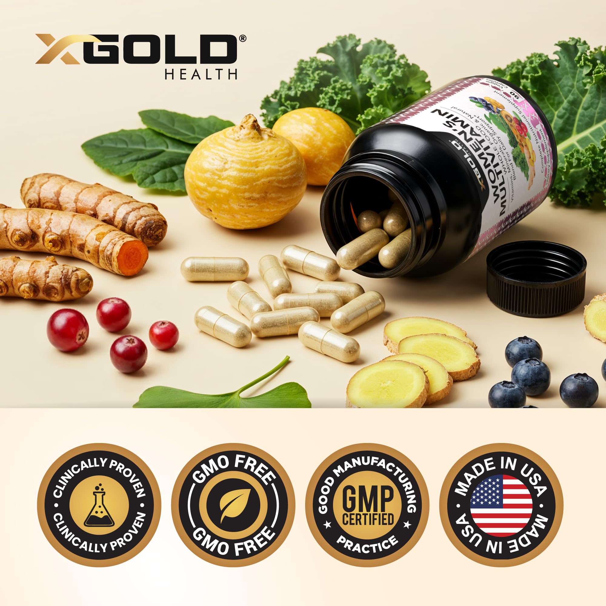 Vegan Women's Daily Multivitamin 50 Plus with Organic WholeFood Based Natural Ingredients, Ginger, Maca, Multi-Vitamin B Complex & More X Gold HealthUS supplements