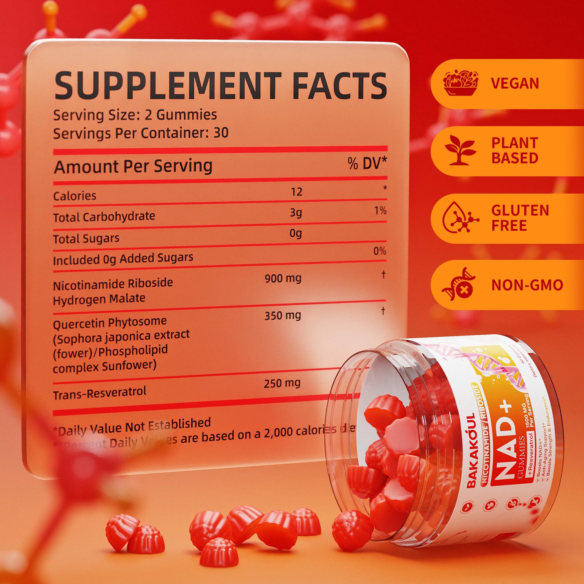 BAKAKOUL NAD Gummies, NAD Supplement - Liposomal Nicotinamide Riboside, Resveratrol, Quercetin, NAD Nicotinamide Riboside Resveratrol 900mg, NAD+ Supplement for Men and Women, 60 Gummies 1 Pack BAKAKOULAu supplements
