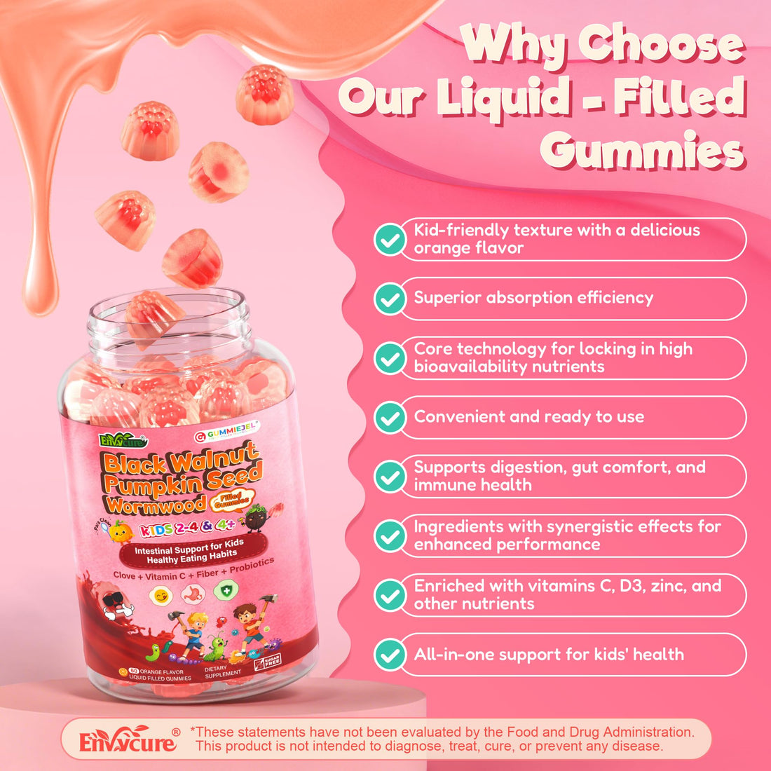Toddler 2-4 & Kids 4+ Para Clean Gut Health Gummies w/Black Walnut, Wormwood, Clove, Pumpkin Seeds, Vitamin C, D3, Zinc, Digestive Supplement for Natural Gut Cleanse, Kids Immune Support (60cts) EnvyCureAu supplements