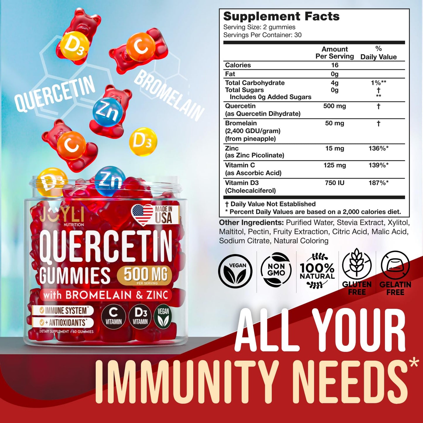 JOYLI Quercetin Gummies - Quercetin with Bromelain Zinc Vitamin C & Vitamin D3 - Quercetin Supplement 500MG for Immune System & Allergy - Quercetin for Kids and Adults - 60 Quercetin Chewable JOYLI NutritionUS supplements