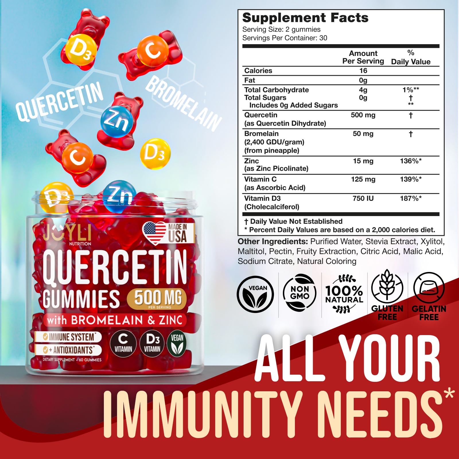 JOYLI Quercetin Gummies - Quercetin with Bromelain Zinc Vitamin C & Vitamin D3 - Quercetin Supplement 500MG for Immune System & Allergy - Quercetin for Kids and Adults - 60 Quercetin Chewable JOYLI NutritionUS supplements
