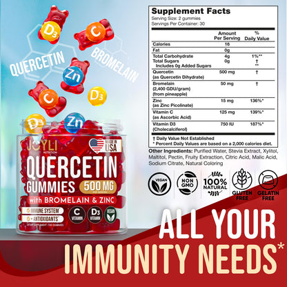 JOYLI Quercetin Gummies - Quercetin with Bromelain Zinc Vitamin C & Vitamin D3 - Quercetin Supplement 500MG for Immune System & Allergy - Quercetin for Kids and Adults - 60 Quercetin Chewable JOYLI NutritionUS supplements