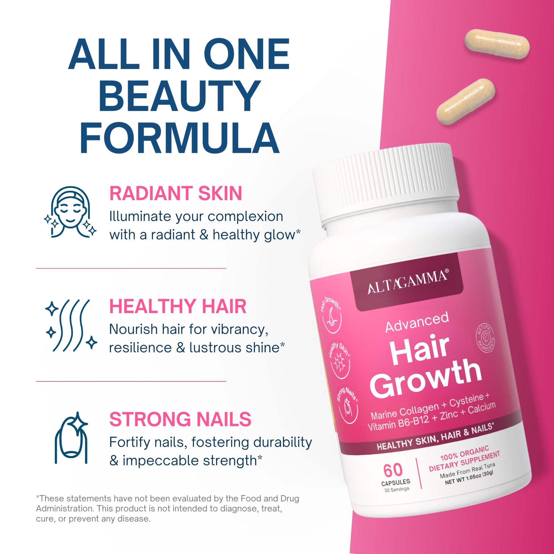 ALTAGAMMA Hair Growth Supplements - Nourishes Thinning, Strengthen Nails & Skin & Combat Hair Loss - Hair Growth Vitamins for Women & Men with Marine Collagen Peptides, 60 Capsules | 30 Day Supply ALTAGAMMAAu supplements