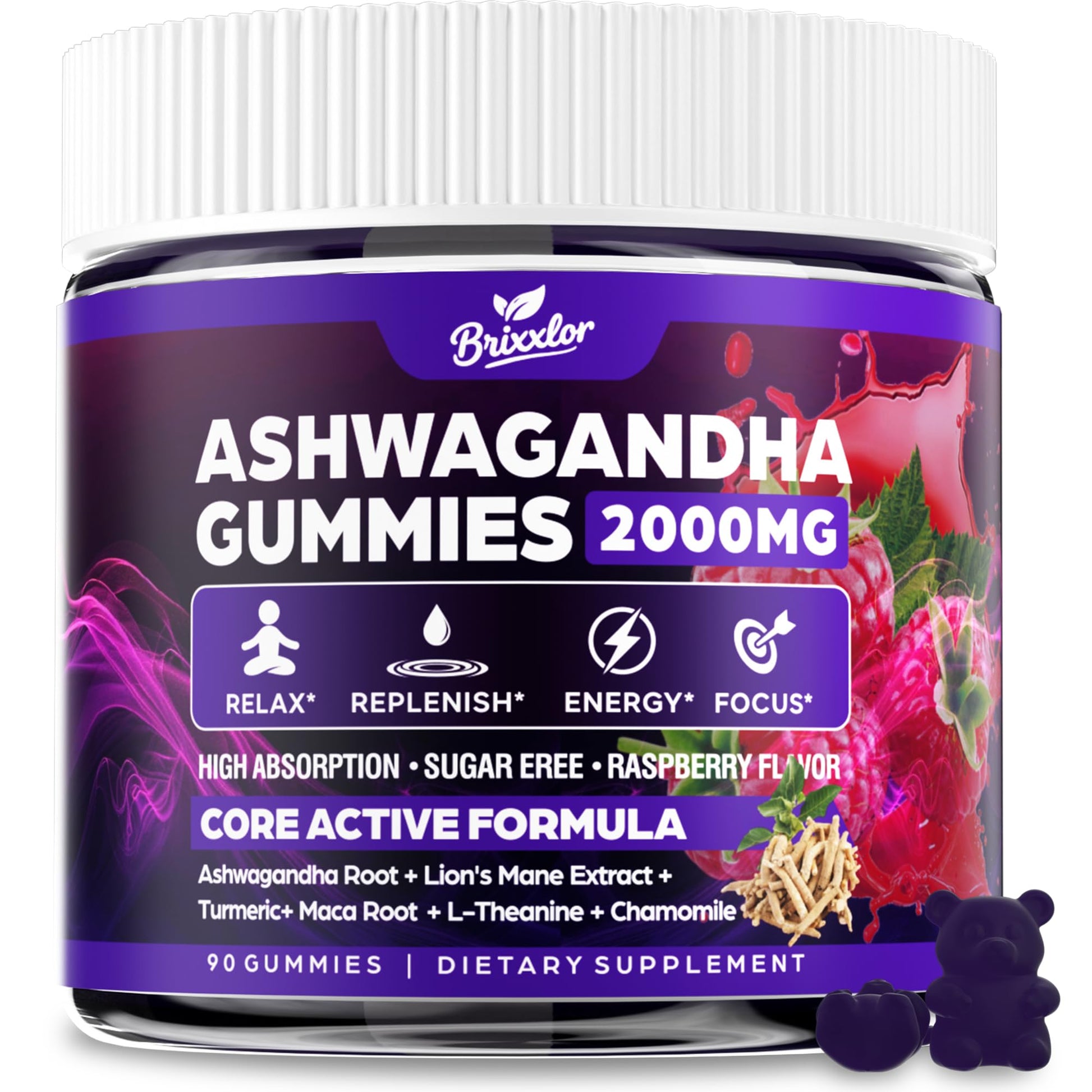 Ashwagandha Gummies - 2000MG Organic Ashwagandha & Lions Mane Gummies for Adults with Vitamin D3 B12, L-Theanine, Cortisol Supplements for Women & Men, Sugar-Free, Vegan, Berry Flavor - 90 Counts BrixxlorAu supplements