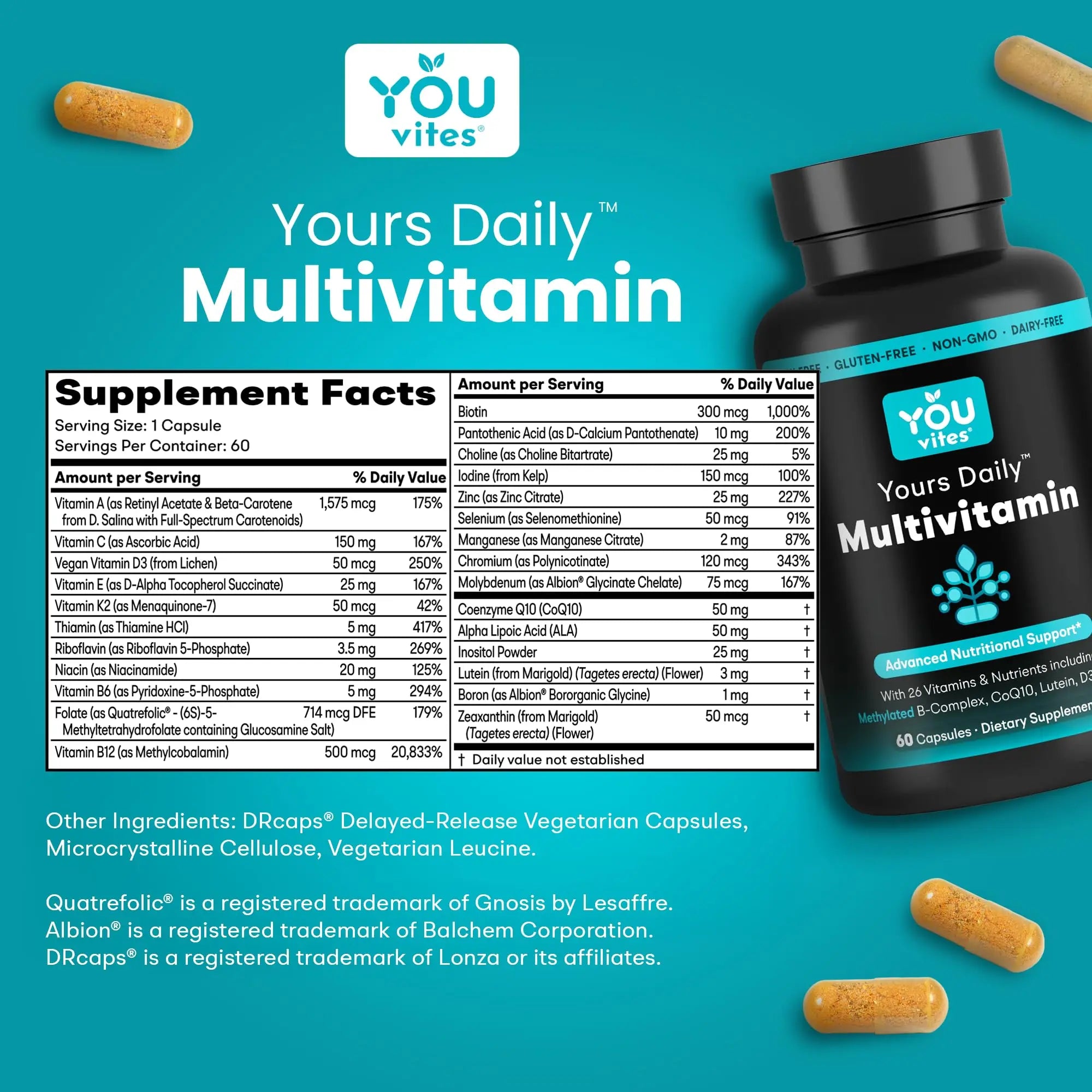 You Vites - Methylated Multivitamin for Men and Women, Methyl Multi Without Iron - 60 Capsules, MTHFR Supplement with Methyl B12, Methylfolate (5-MTHF), CoQ10 for Energy, Heart and Mood Support You Vitesnz supplements