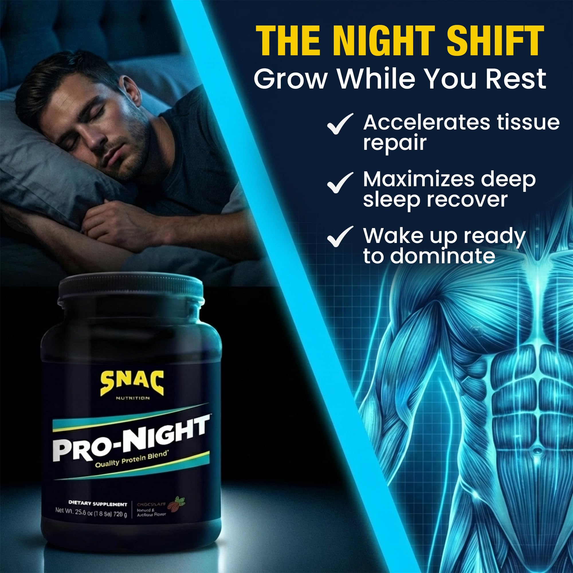SNAC Pro-Night Protein Powder Blend - Quality Protein Powder for Men and Women, Nighttime Recovery, High Protein Supplement, Supports Muscle Repair, 26g Protein per Serving, Chocolate Flavor, 1.6 lbs SNACAu supplements