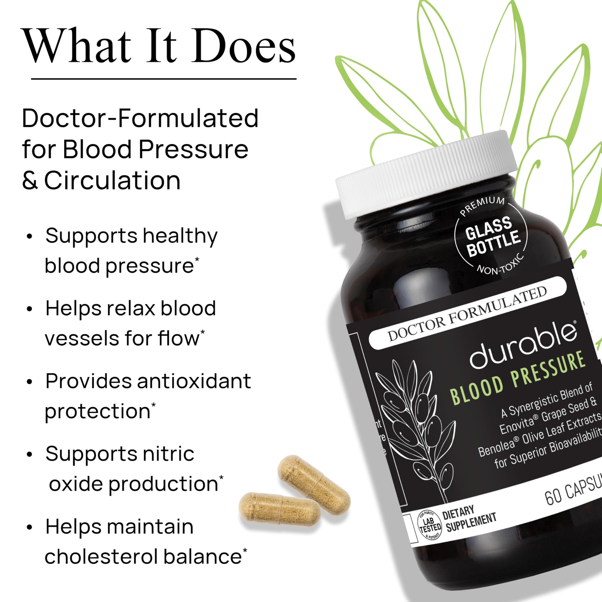 Durable Blood Pressure – Benolea Olive Leaf & Enovita Grape Seed Extract – Healthy Circulation, Nitric Oxide & Artery Support – Doctor Formulated, Vegan, Non-GMO, Made in USA (60 Capsules) DurableAu supplements
