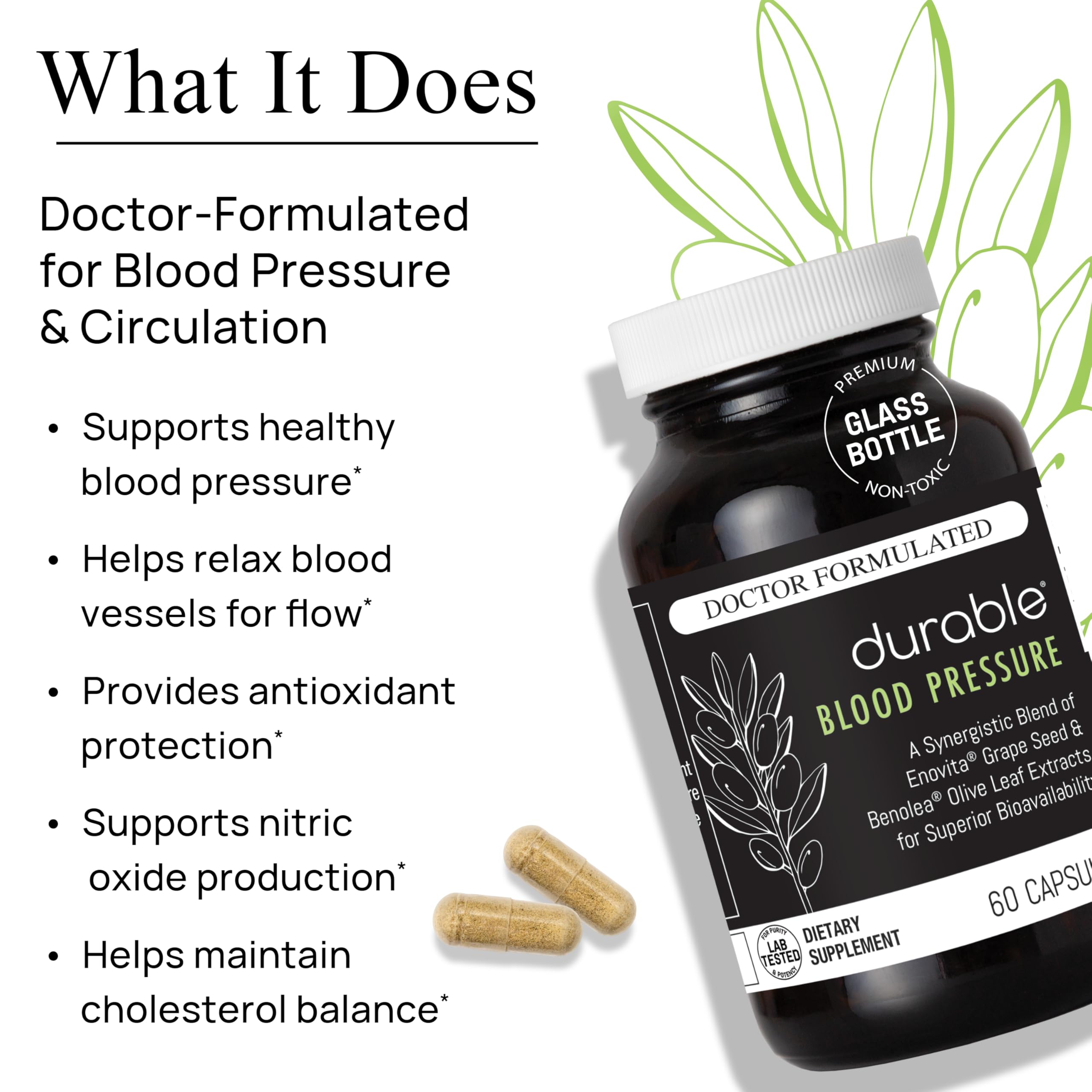 Durable Blood Pressure – Benolea Olive Leaf & Enovita Grape Seed Extract – Healthy Circulation, Nitric Oxide & Artery Support – Doctor Formulated, Vegan, Non-GMO, Made in USA (60 Capsules) DurableAu supplements