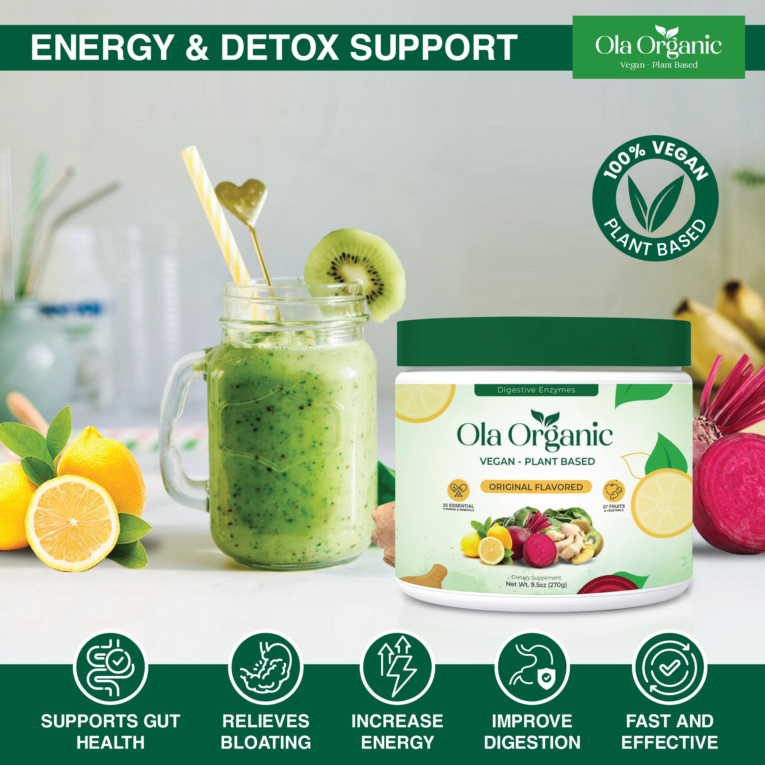 Ola Organic Greens Superfood Powder – Blend of 11 Cruciferous Vegetables with Phytonutrients – Supports Energy, & Immune Health Support – Non-GMO Vegetable Supplement (270g Jar) Ola OrganicAu supplements