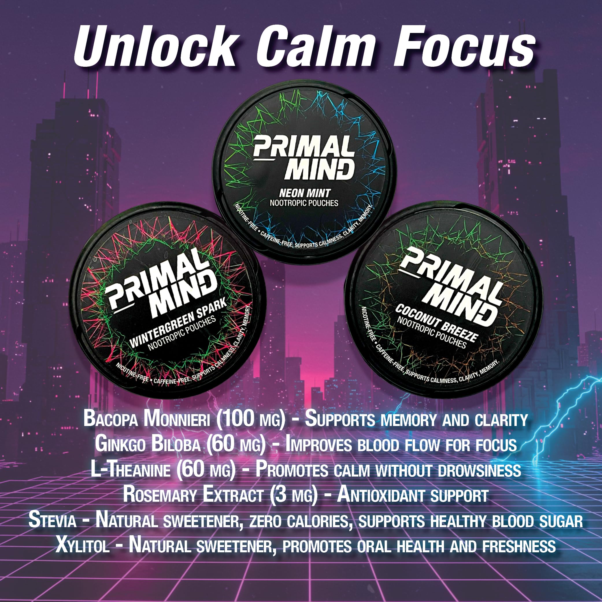 Nootropic Pouches - Primal Mind Caffeine Free Nootropics Pouches Made with Ginkgo Biloba & L-Theanine - Nicotine Free Brain Boost, No Sugar, Cognitive Support – 20 Pouches Per Can, 5 Pack (Neon Mint) Primal PreludeAu supplements