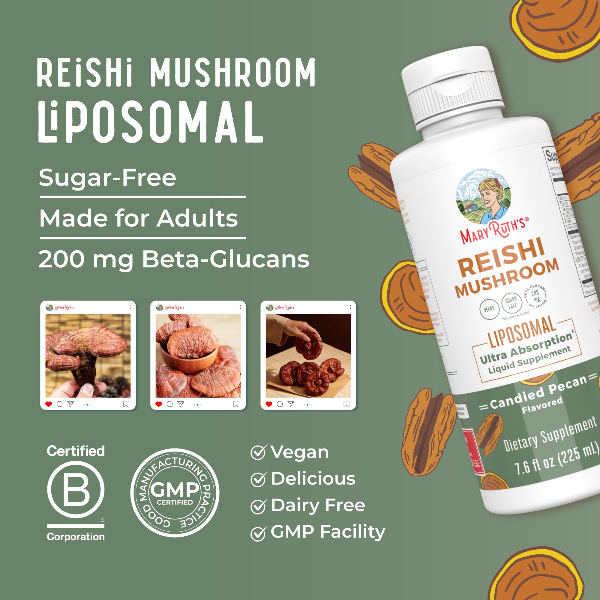MaryRuth Organics Reishi Vegan Mushroom Supplement | Ultra Absorption Liposomal | Immune Support with 200mg Beta-Glucans, Vegan |Full Spectrum Reishi Mushrooms Fruiting Body | 7.6 oz, MARYRUTH'SUS supplements