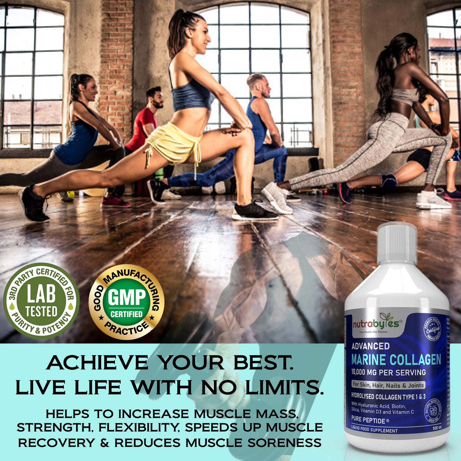 Marine Collagen Liquid 10000mg Sugar Free, Hydrolysed Peptides | Hyaluronic Acid, Biotin, Silica, Vitamin C, Vitamin D3 NUTRABYTESAu supplements
