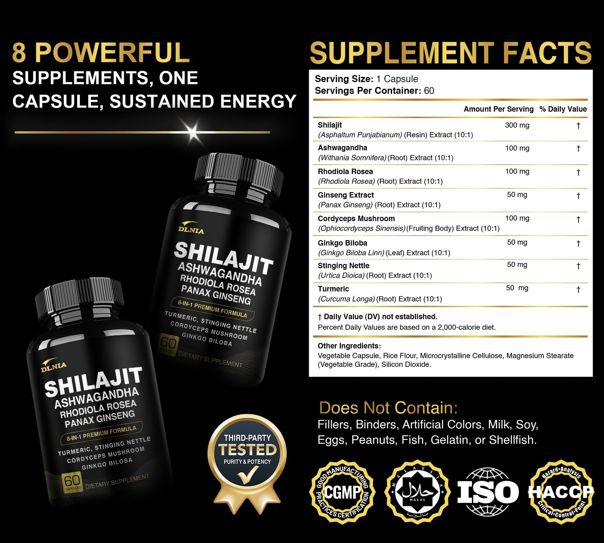 DLNIA 8-in-1 Shilajit for Men & Women with Ashwaganda Himalayan Organic Supplement with Rhodiola Rosea, Ginseng, Turmeric, Mushroom, for Immune Support, Energy, Calm, Focus, Clarity, Sleep, Cortisol DLNIAAu supplements