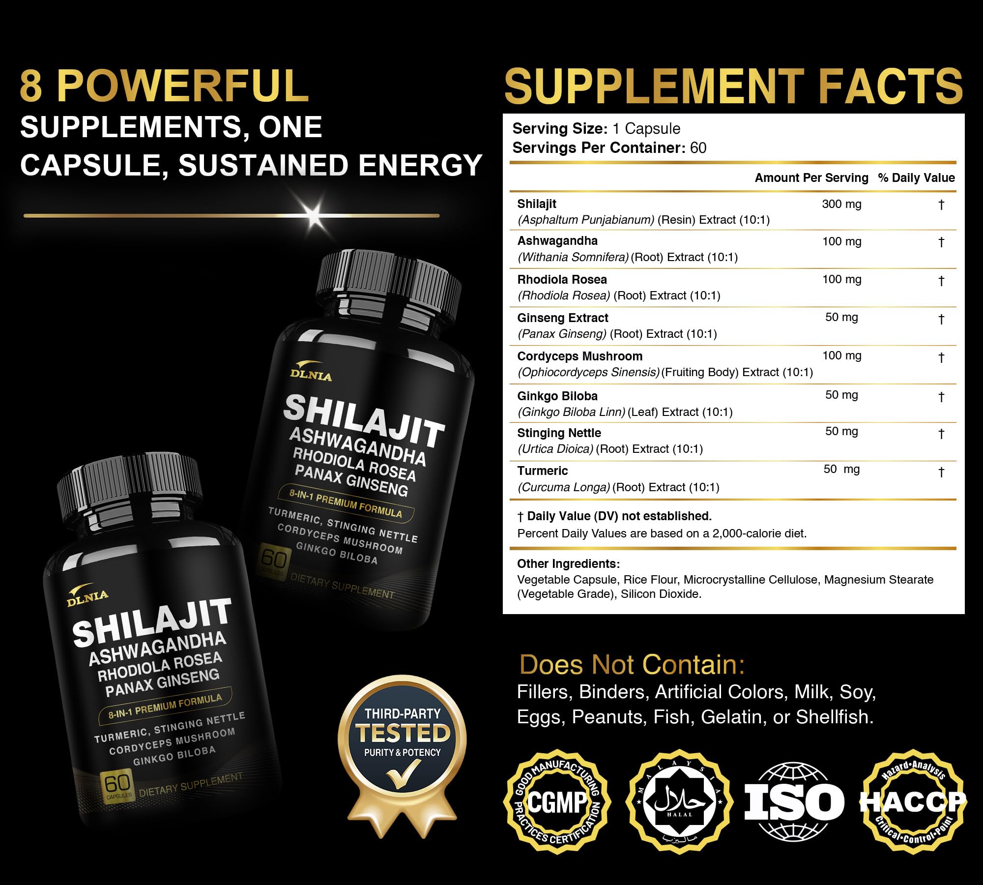 DLNIA 8-in-1 Shilajit for Men & Women with Ashwaganda Himalayan Organic Supplement with Rhodiola Rosea, Ginseng, Turmeric, Mushroom, for Immune Support, Energy, Calm, Focus, Clarity, Sleep, Cortisol DLNIAAu supplements