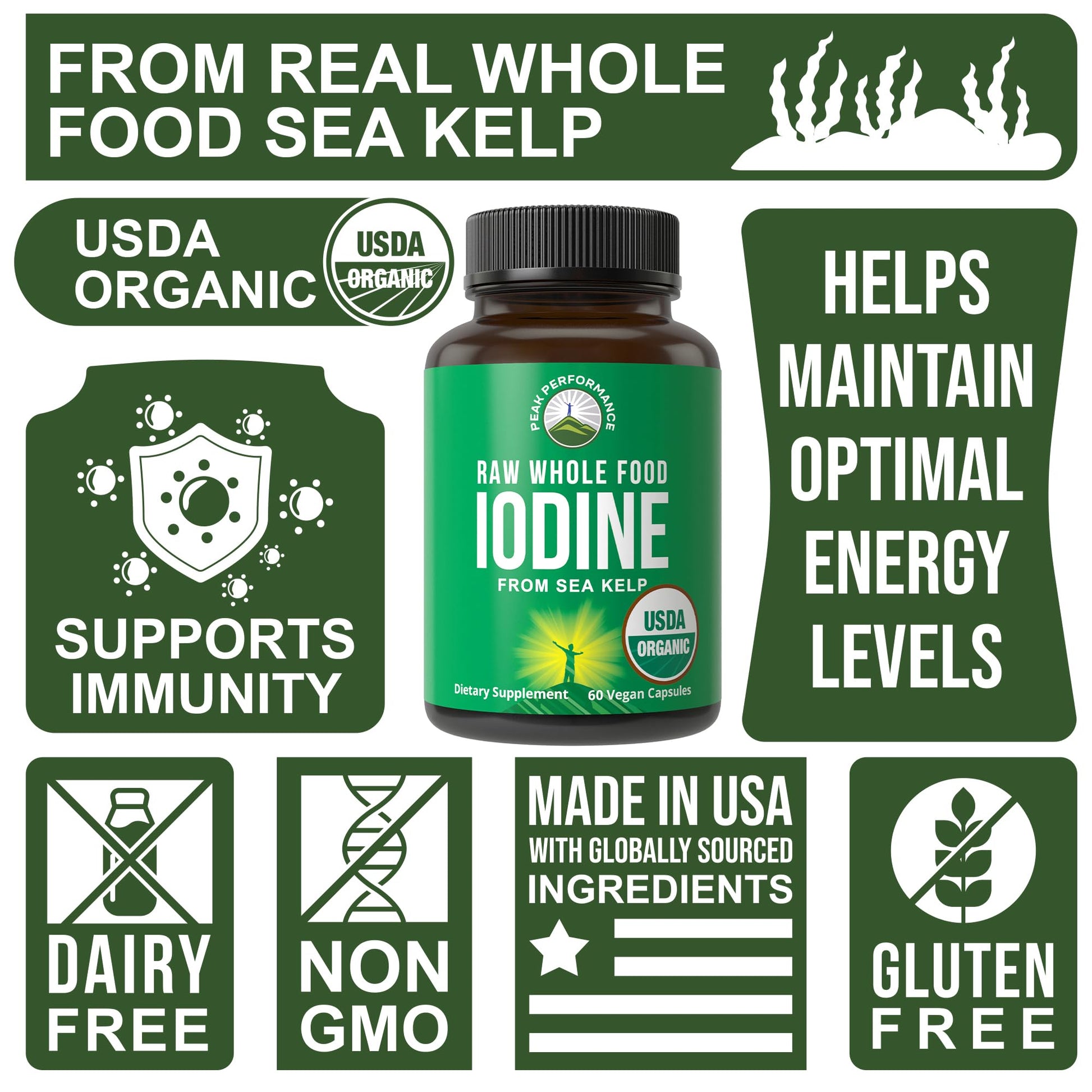 USDA Organic Raw Whole Food Iodine Supplement from Kelp (Ascophyllum Nodosum) - Potassium Iodide Tablets Alternative - for Thyroid, Energy, and Immune Support - 60 Vegan Capsules by Peak Performance Peak PerformanceAu supplements