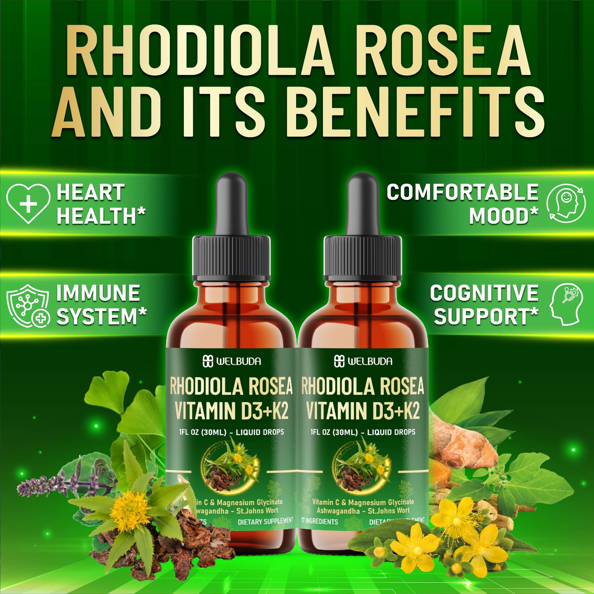 17in1 Rhodiola Rosea Liquid Supplement with Ashwagandha, Magnesium Glycine, L-Theanine, Vitamin C, Vitamin D3, Vitamin K2, Ginkgo, Turmeric, Holy Basil and More - 1 FL Oz - 60 Day Supply WELBUDAAu supplements