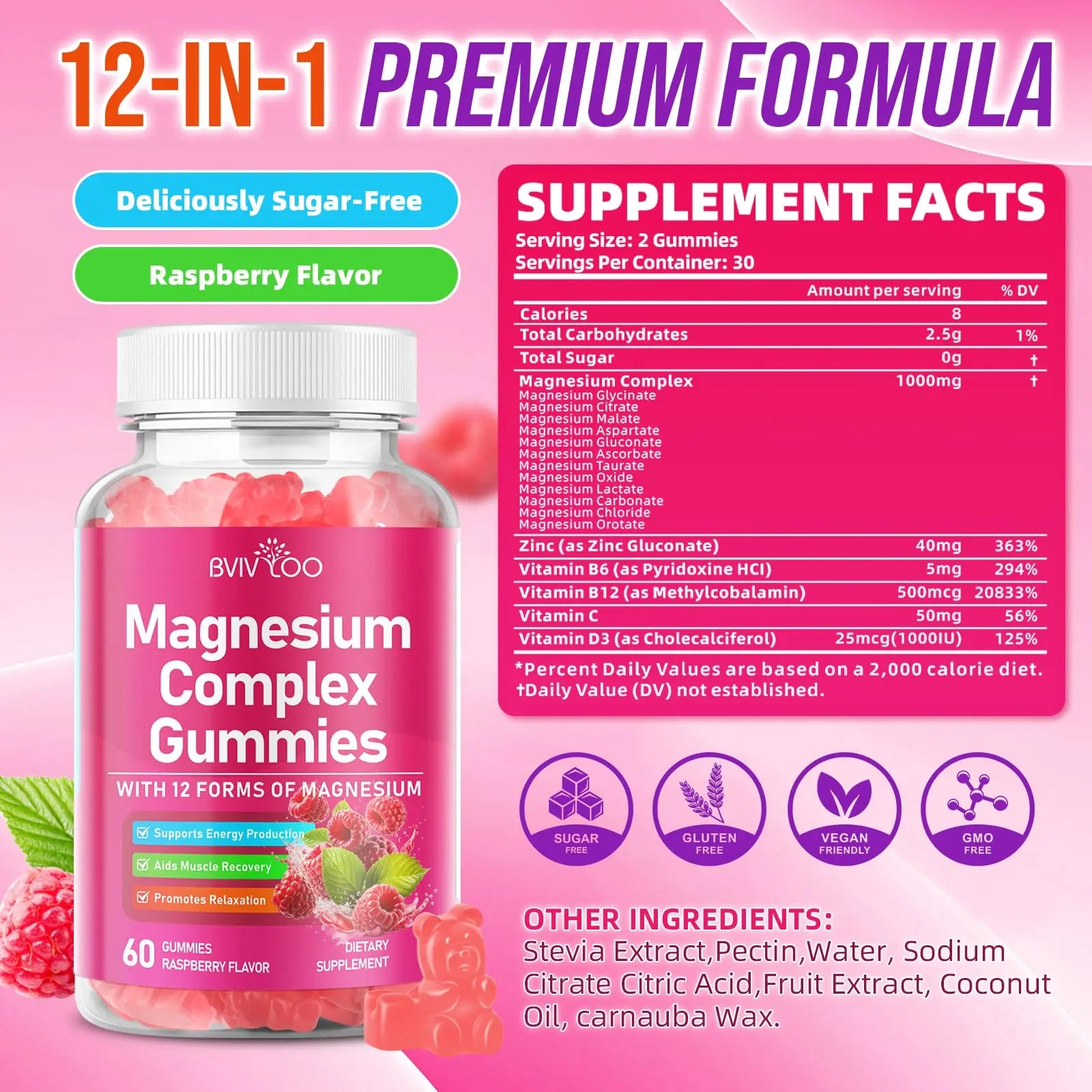 2 Pack Magnesium Complex Gummies – with 12 Forms of Magnesium Plus Vitamins B6, B12 & C. Vegan Strawberry Gummies to Support Mood, for Adults, 120 Count BVIVLOOnz supplements
