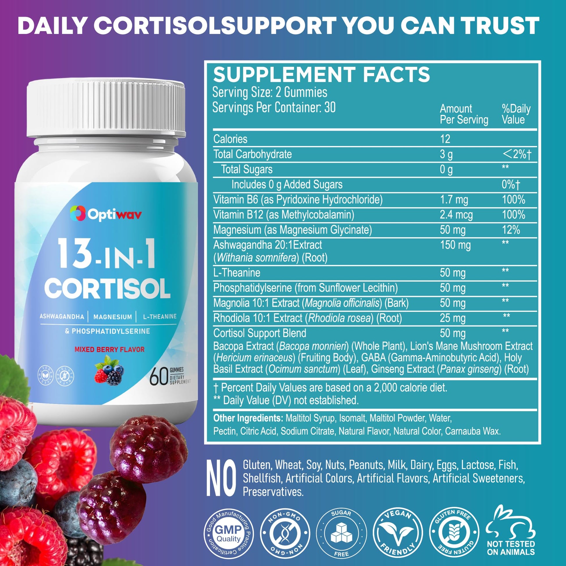Optiwav Cortisol Reducer Gummies for Women Men - 13-in-1 Daily Cortisol Detox Manager Supports Stress Mood Balance Focus & Health Balance - Reduce High Cortisol with Ashwagandha Magnesium L-Theanine OptiwavAu supplements