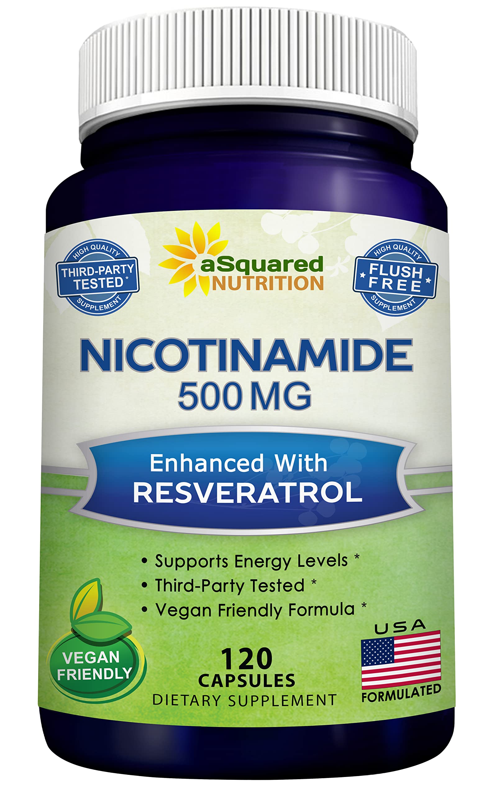 aSquared Nutrition Nicotinamide with Resveratrol - 120 Veggie Capsules - Vitamin B3 500mg (Niacinamide Flush Free) - Supplement Pills to Support NAD, Skin Cell Health & Energy aSquared NutritionAu supplements