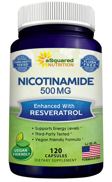 aSquared Nutrition Nicotinamide with Resveratrol - 120 Veggie Capsules - Vitamin B3 500mg (Niacinamide Flush Free) - Supplement Pills to Support NAD, Skin Cell Health & Energy aSquared NutritionAu supplements