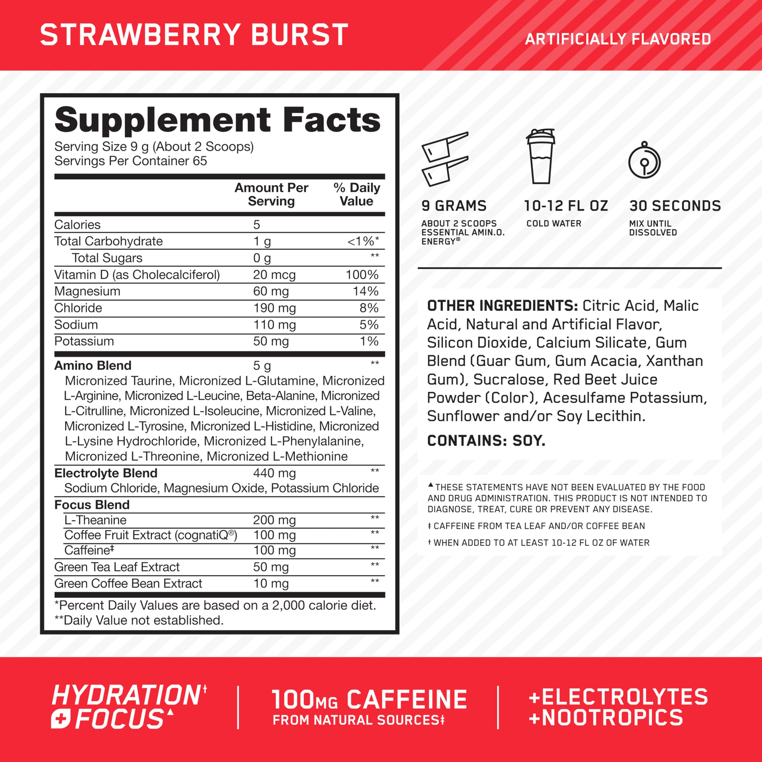 Optimum Nutrition Amino Energy Powder Plus Focus, with BCAA, Electrolytes, and Caffeine, Strawberry Burst, 65 Servings Optimum NutritionAu supplements