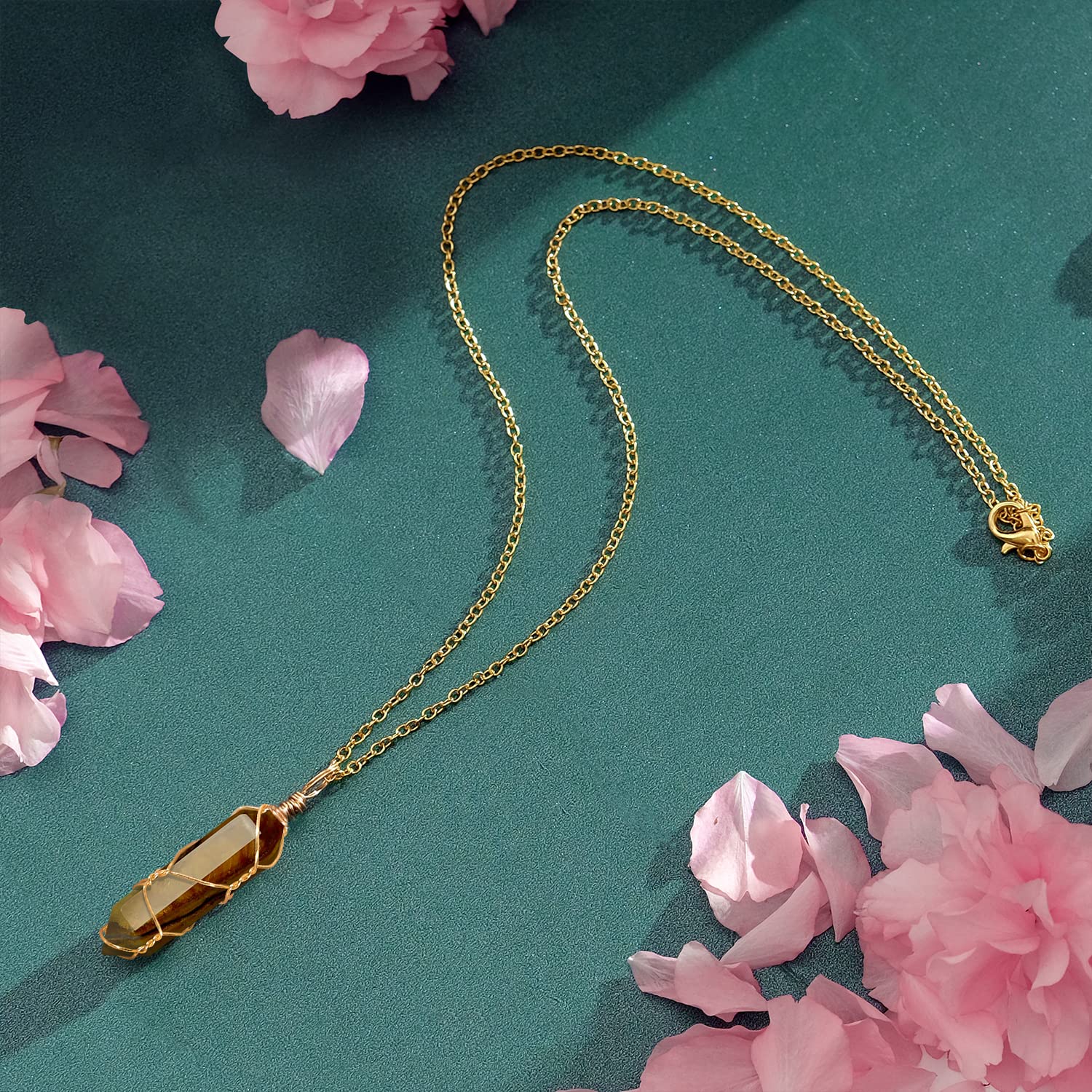VIBILIA Healing Crystal Necklace Wire Wrapped Natural Tigerite Stone Point Pendant Necklace Hexagonal VIBILIAAu supplements