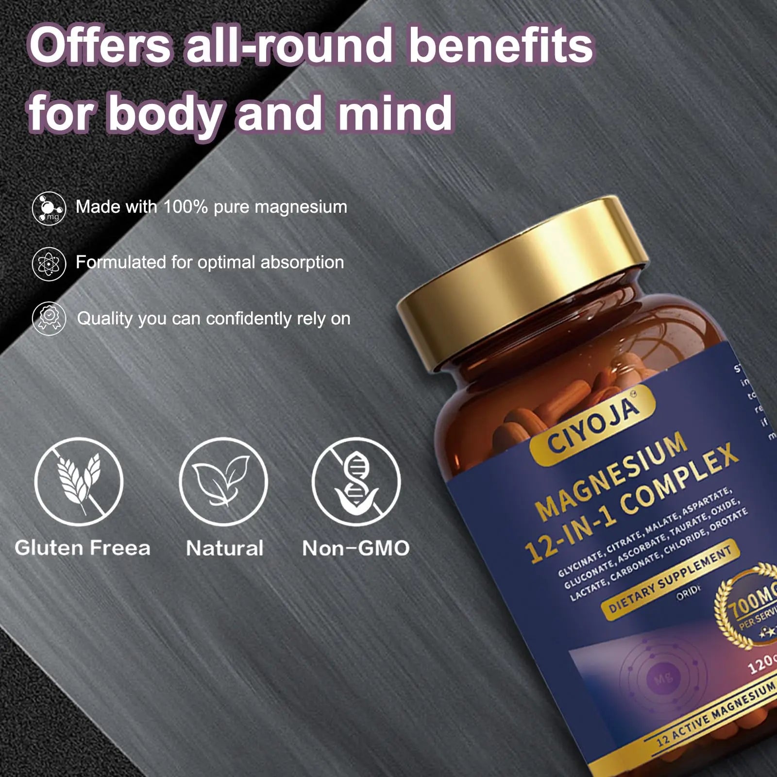 12-in-1 Magnesium Complex for Women Men: Magnesium Glycinate 700mg with Citrate, Malate Taurate Chelated Forms - High Absorption Magnesium Supplement for Relaxation Muscle Heart - 120 Vegan Capsules CIYOJAnz supplements