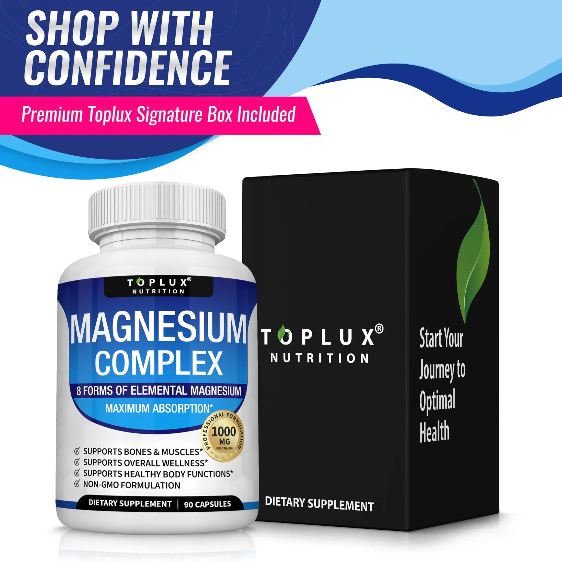 Magnesium Complex Supplement 8 Elemental 1000mg - Magnesium Glycinate, Citrate, Malate, Taurate, Chelated for Easy Absorption for Bones, Muscle, Recovery, Energy, Vegan Non-GMO 90 Capsules Topluxnz supplements