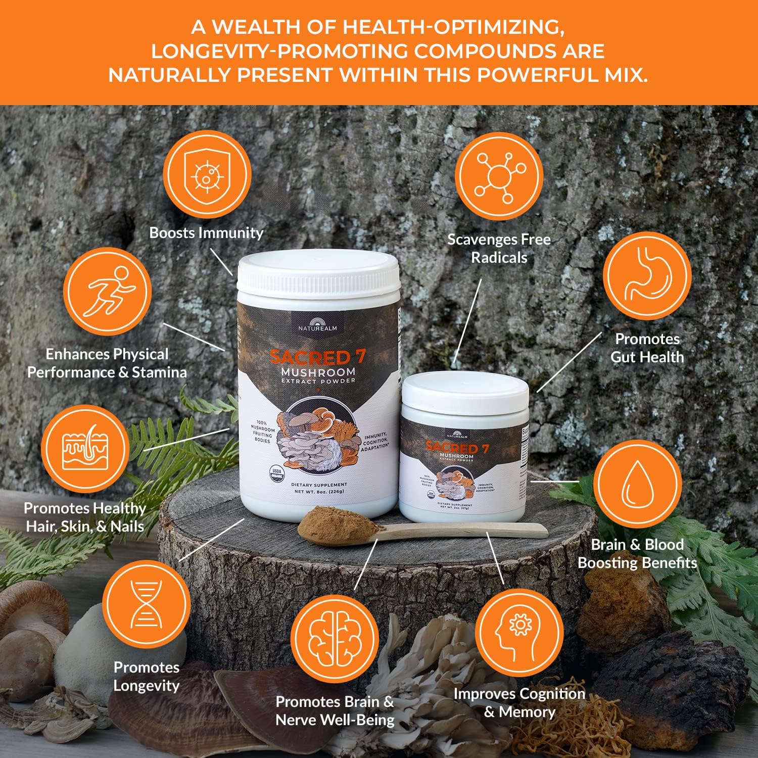 Naturealm Sacred 7 Mushroom Extract Powder - USDA Organic - Lion's Mane, Reishi NaturealmUS supplements