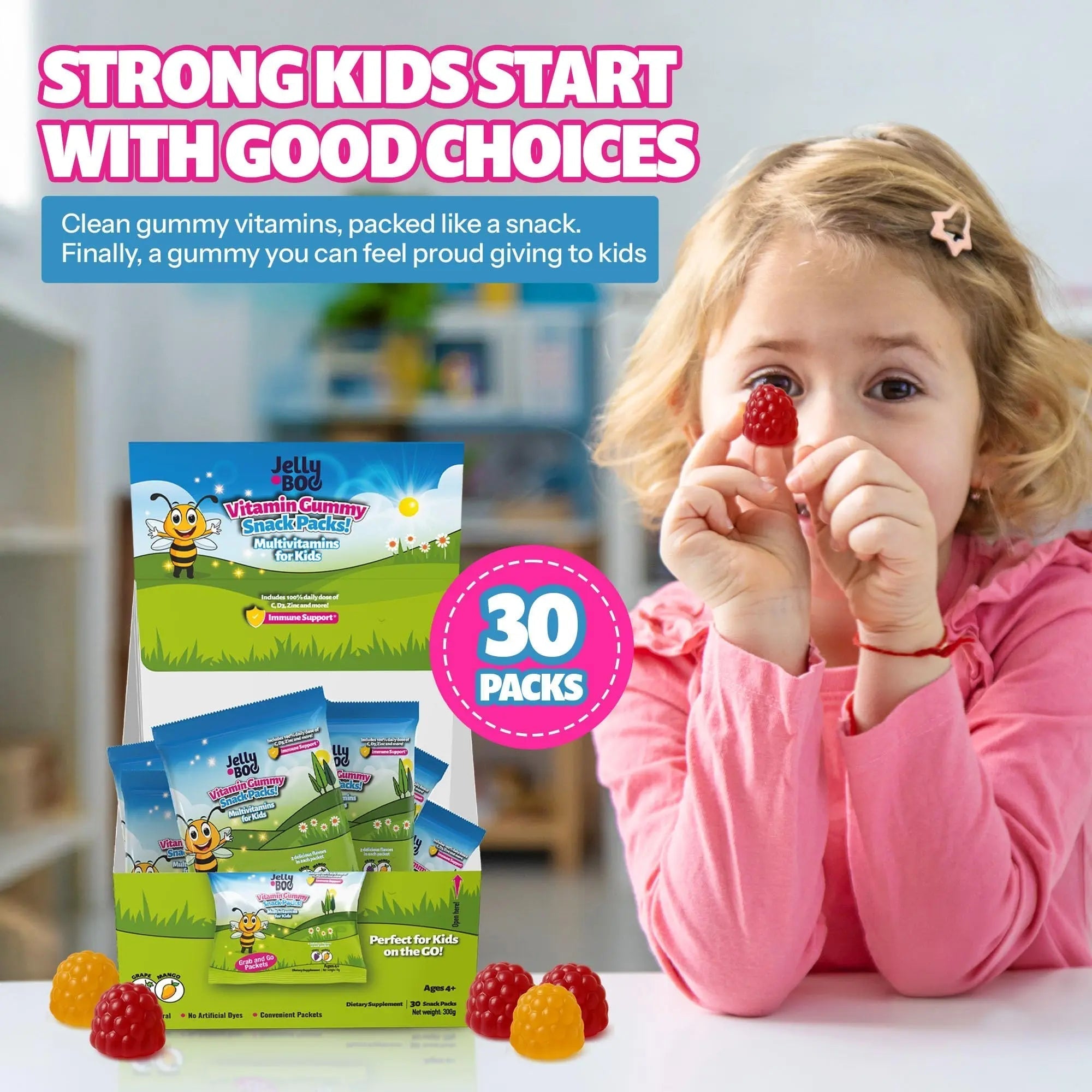Kids Daily Multivitamin - Healthy Snacks For Kids – No Sugar, No Dyes, Monk Fruit Sweetened, Vegan, Gluten-Free- 100% Daily Value of Vitamins C, D3, Zinc Jelly.BooAu supplements