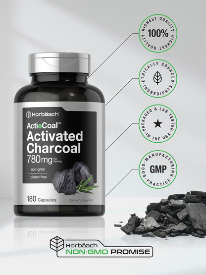 Charcoal Pills 780mg | 180 Capsules | Activated Charcoal from Coconut Shells | Non-GMO HorbäachUS supplements