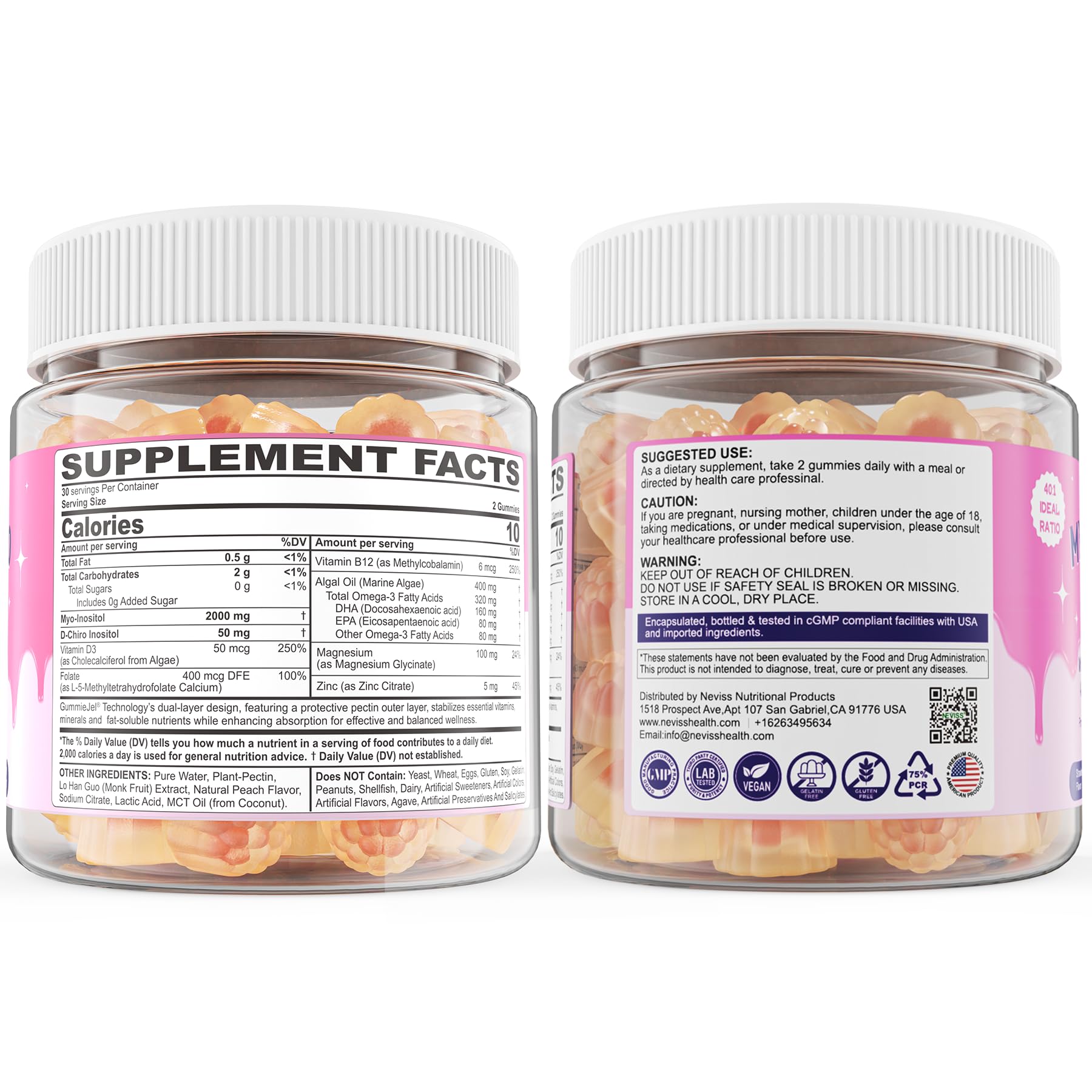 Myo-Inositol & D-Chiro Inositol, Hormone Balance for Women | Sugar Free Inositol Gummies w/Omega 3, MTHF Folate, Vitamin D3, B12, Magnesium & Zinc for Ovarian Health, Ideal 40:1 Ratio, Vegan, 60 Cts NEVISSAu supplements