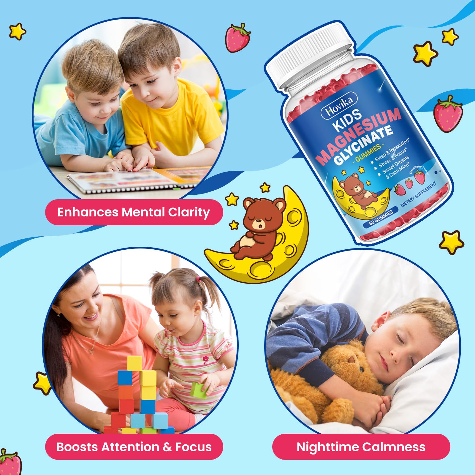 Magnesium Glycinate Gummies for Kids - with L-Theanine, Omega-3, Vitamin B6, D3, Zinc - Kids Magnesium Gummies for Sleep, Relaxation, Calm & Focus - Sugar Free Strawberry 60ct HovikaAu supplements