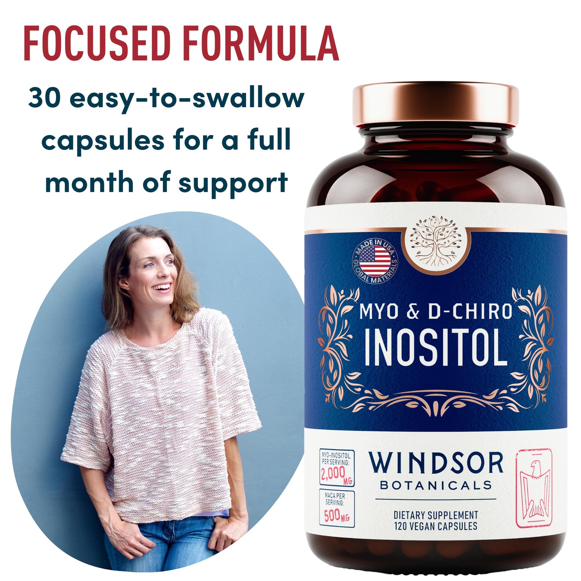 Myo-Inositol & D-Chiro Inositol 40:1 Ratio 2,000 mg - PCOS Supplements with Maca Root & Ashwagandha - Ovarian Health Support Vitamins - Hormone & Fertility Supplements for Women - 120 Vegan Caps WINDSOR BOTANICALSAu supplements