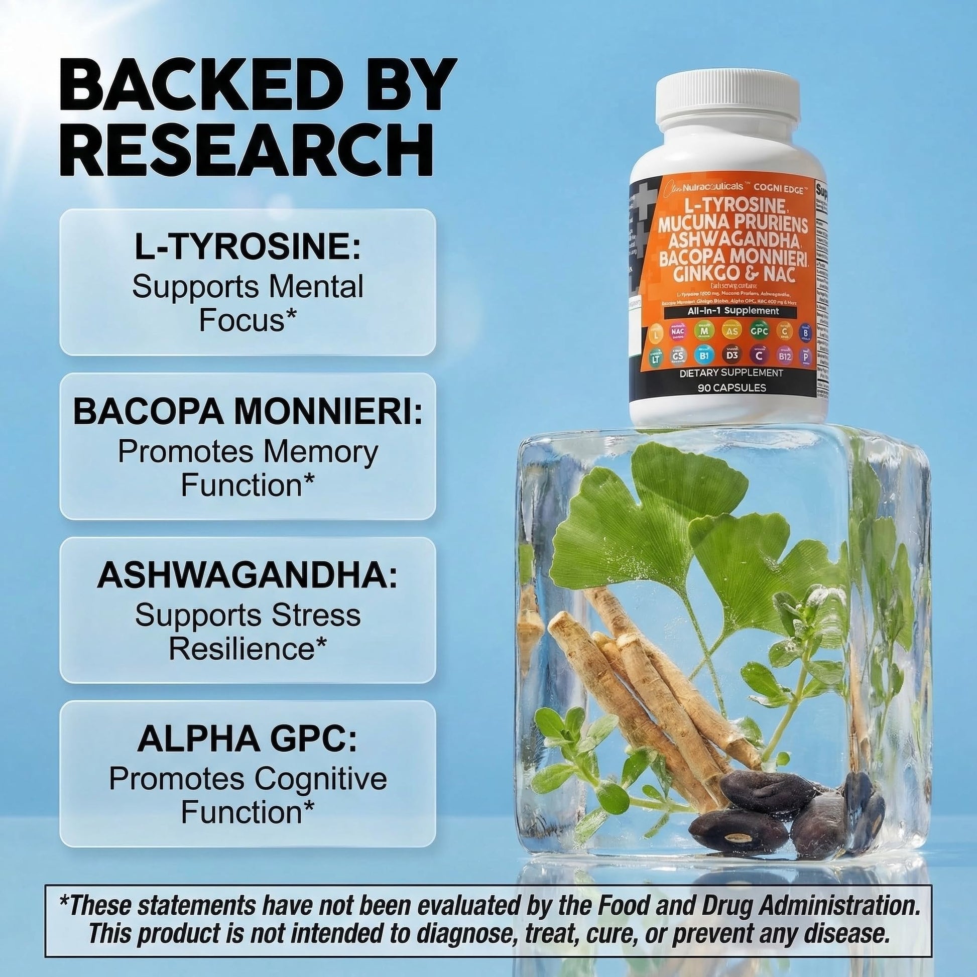 Clean Nutraceuticals L Tyrosine Mucuna Pruriens Bacopa Monnieri Ashwagandha Focus Supplement w/N-Acetyl Cysteine NAC 5-HTP Ginkgo Biloba Alpha GPC Vitamin C D B1 B12 Clean NutraceuticalsAu supplements