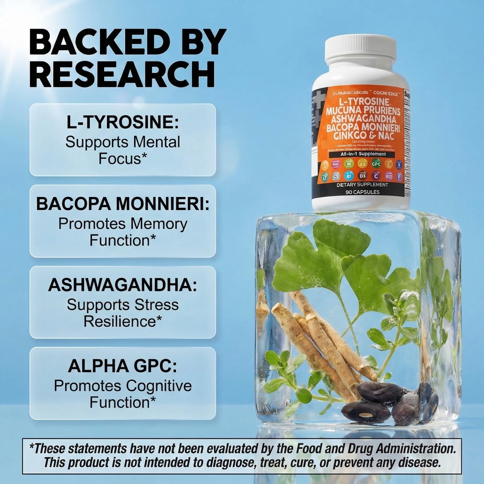 Clean Nutraceuticals L Tyrosine Mucuna Pruriens Bacopa Monnieri Ashwagandha Focus Supplement w/N-Acetyl Cysteine NAC 5-HTP Ginkgo Biloba Alpha GPC Vitamin C D B1 B12 Clean NutraceuticalsAu supplements