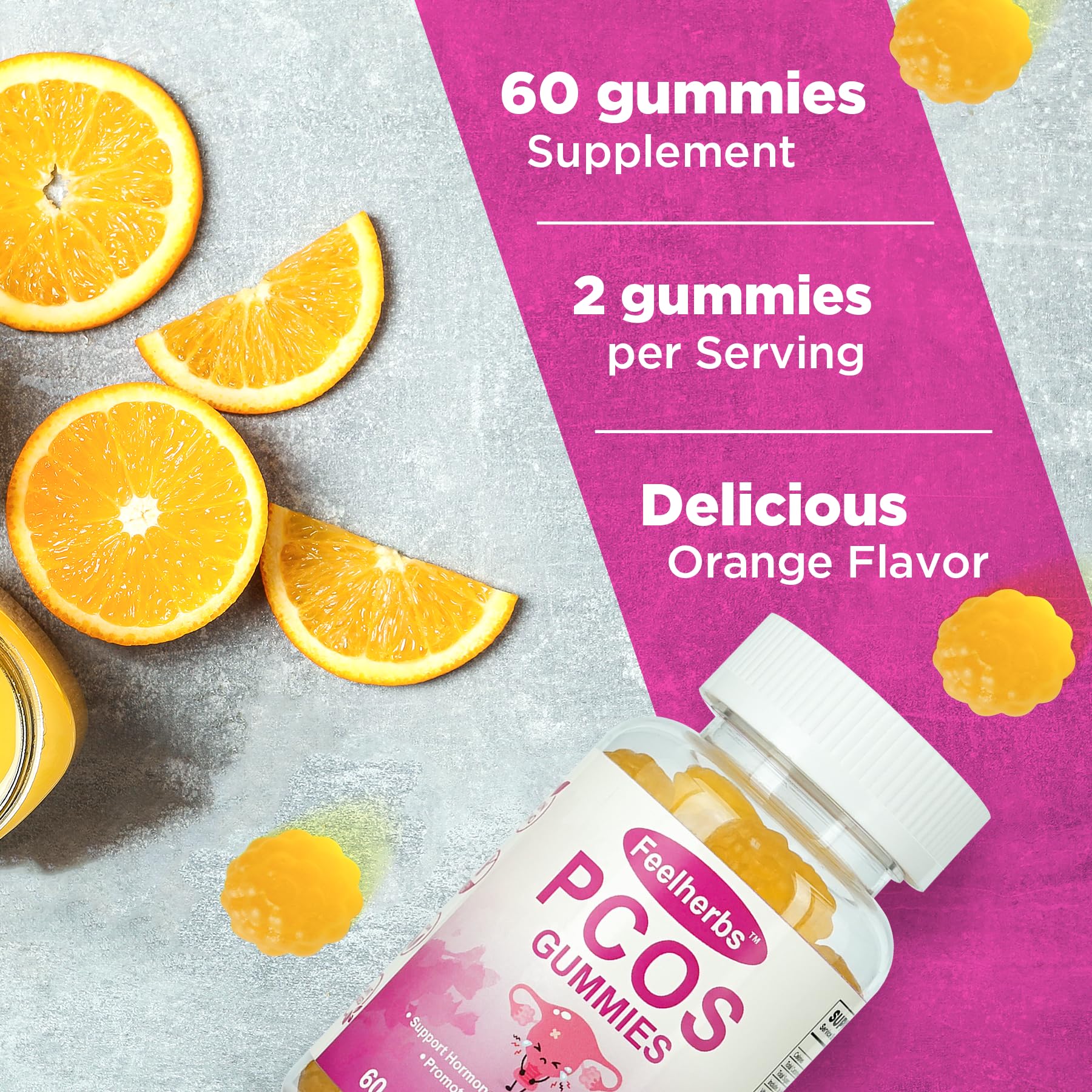 PCOS Gummies for Women Menstrual Cycle & Hormonal Balance, 60 Count Ovarian Support Gummies with Myo-Inositol, Folate and Vitamins, Orange Flavor PCOS Vitamins Gummies Helps Fertility and Ovulation FeelherbsAu supplements