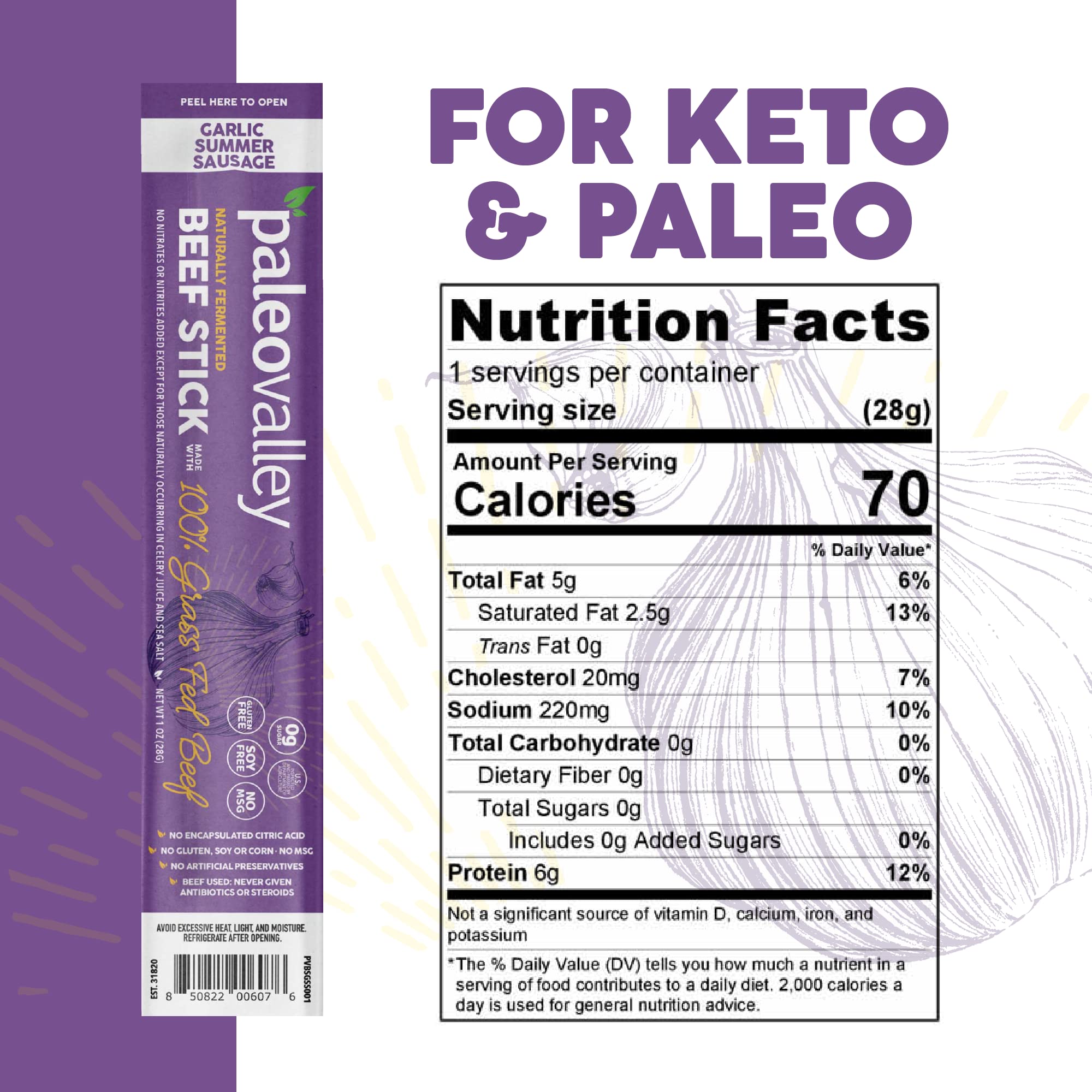 Paleovalley 100% Grass Fed Garlic Summer Sausage Beef Sticks - Delicious Gluten Free Beef Snack - High Protein Keto Friendly PaleovalleyUS supplements