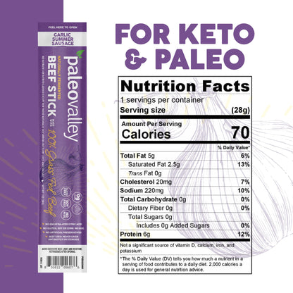 Paleovalley 100% Grass Fed Garlic Summer Sausage Beef Sticks - Delicious Gluten Free Beef Snack - High Protein Keto Friendly PaleovalleyUS supplements