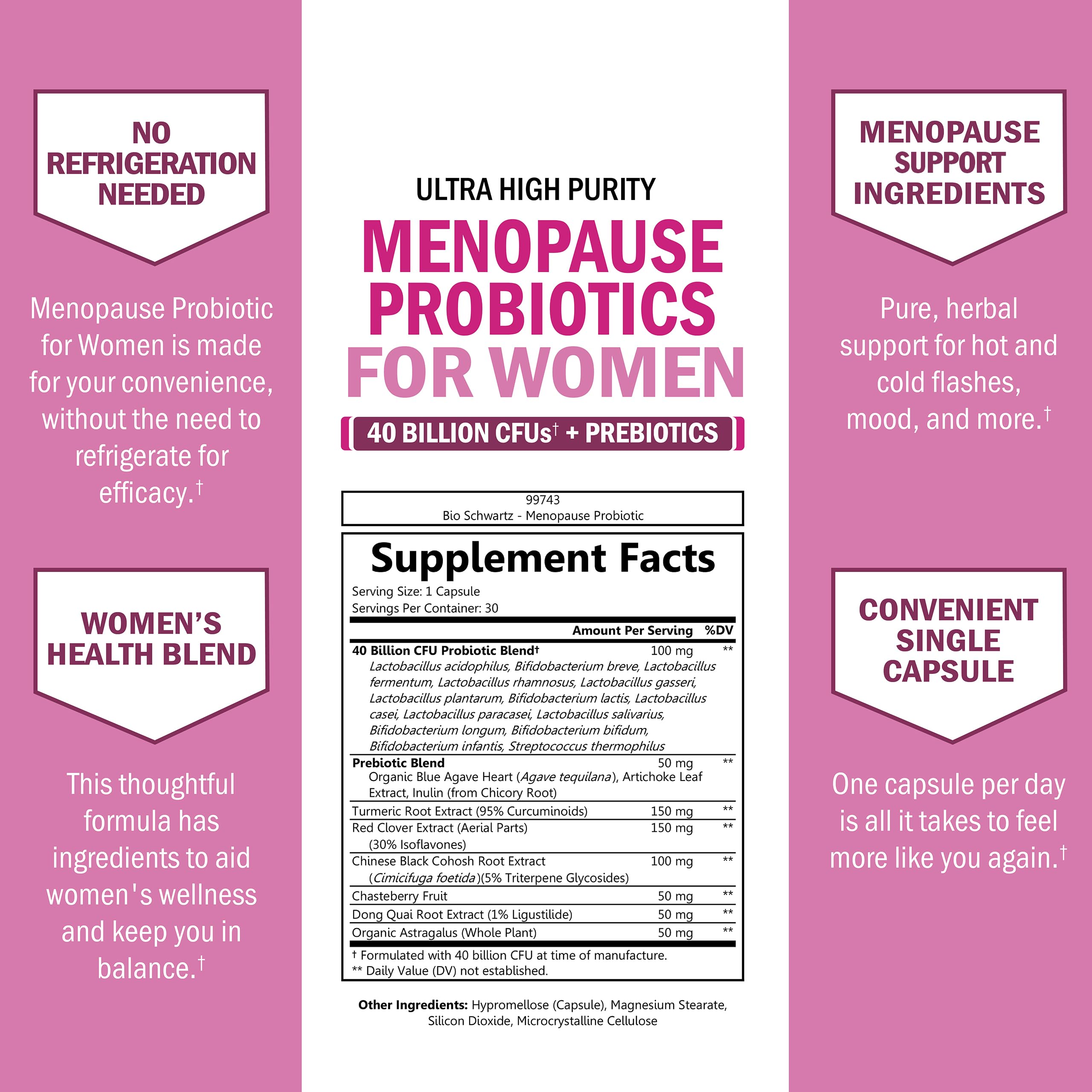 Menopause Supplements for Women - 40 Billion CFU Menopause Probiotics for Women - Support for Hot Flashes Night Sweats Mood Swings and Balance - Non-GMO, 30 Easy-Swallow Capsules, 30 Servings BioSchwartzAu supplements